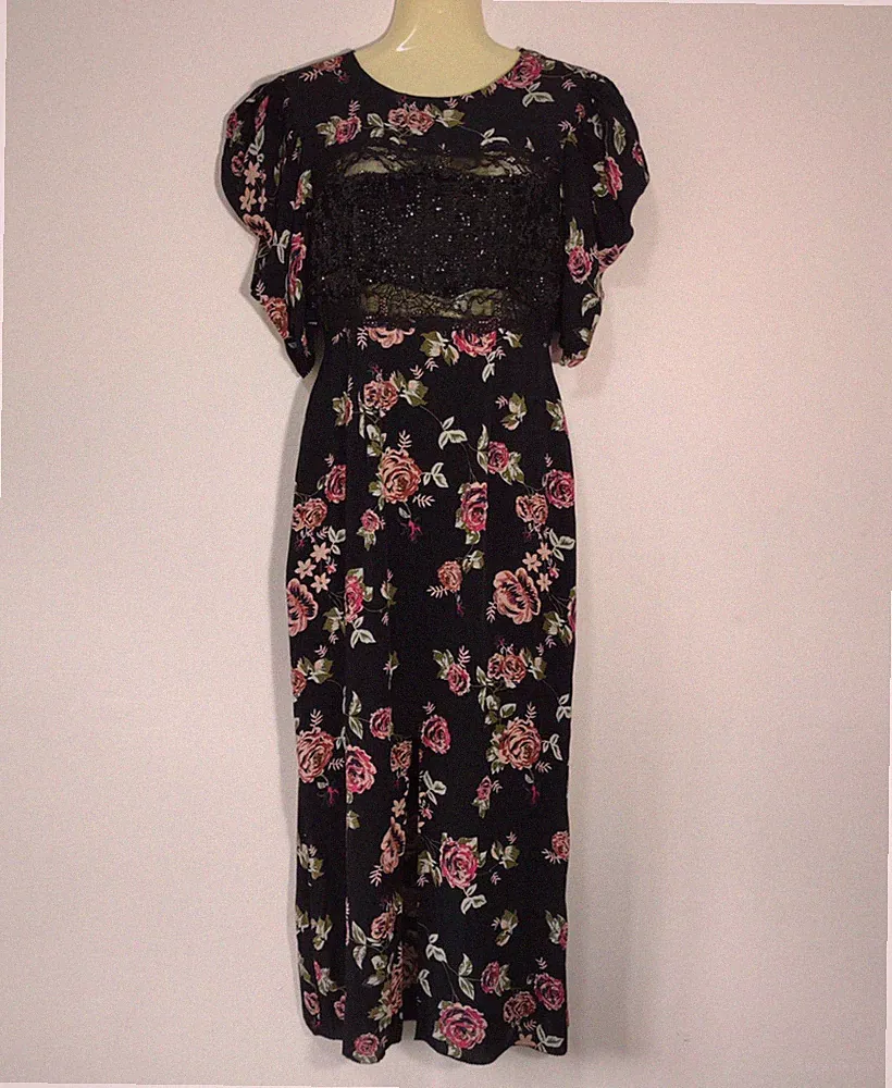 Topshop schwarz Blumen Midikleid Pailletten & Spitzendetail Frontschlitz Größe UK 8