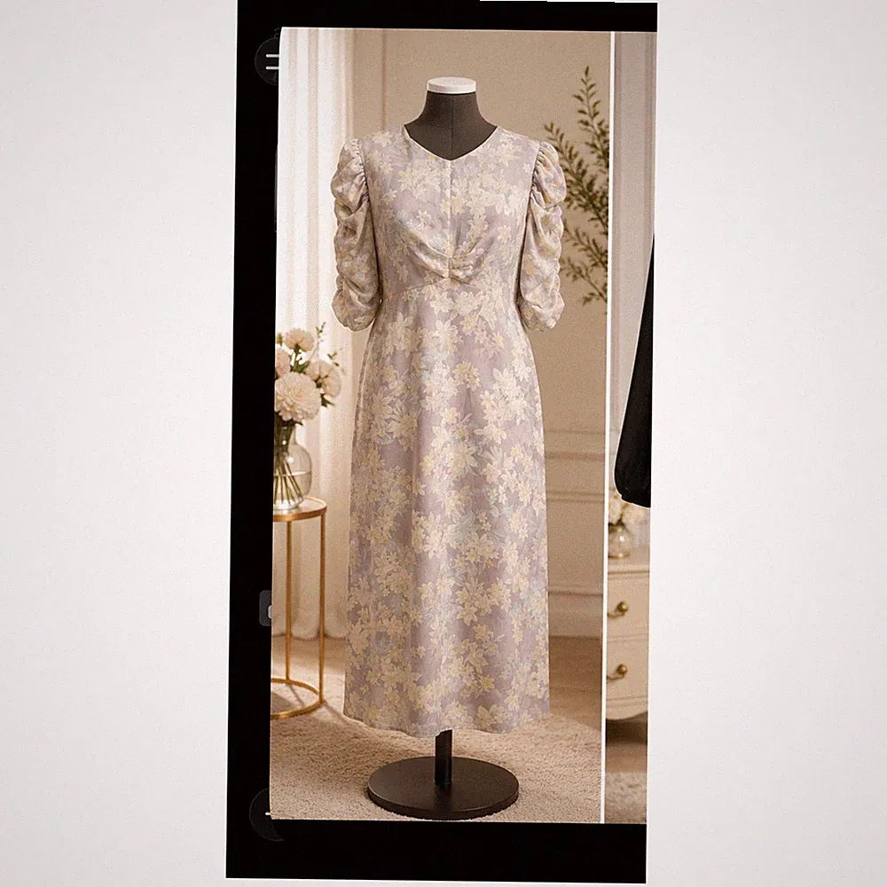 TOPSOP langes A-Linien-Kleid Blumenmuster Ballonärmel V-Ausschnitt M
