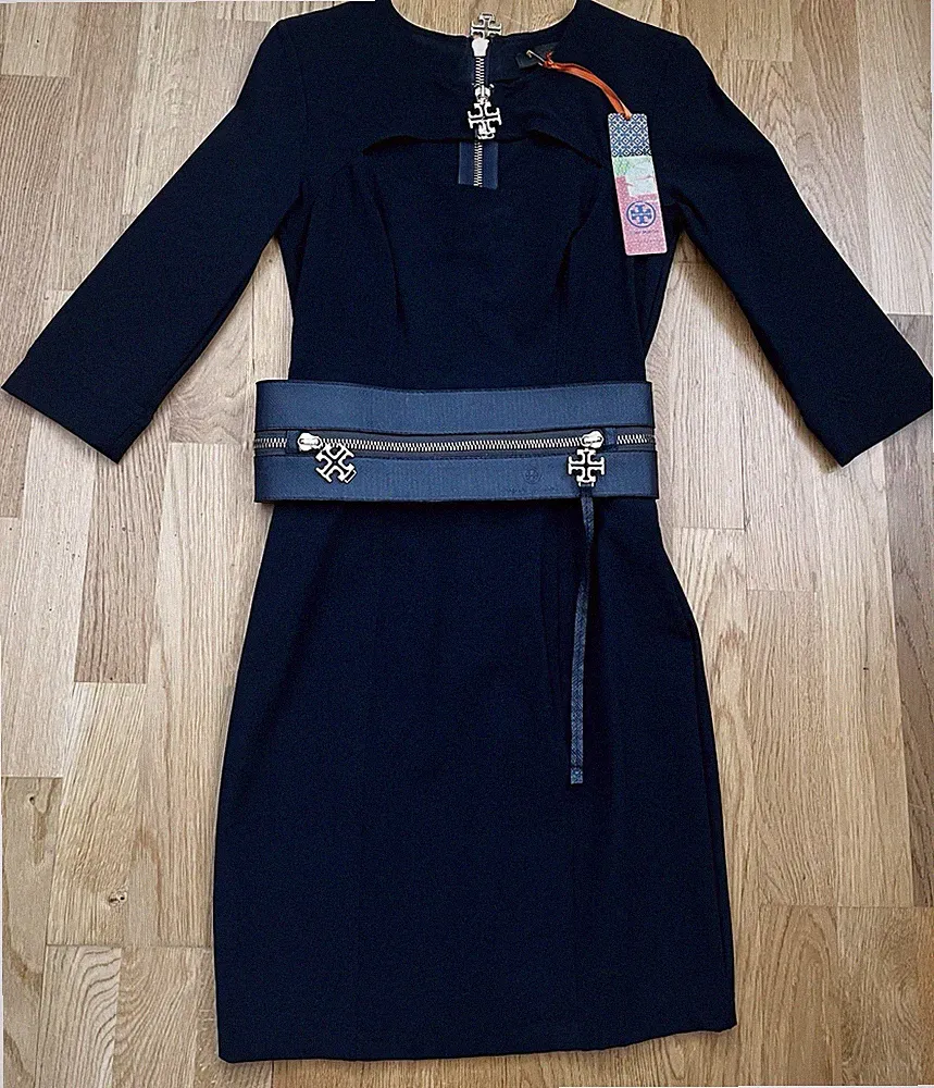 Tory Burch Etui-Kleid Dunkelblau mit Logo-Reißverschlüssen Gr. S NEU