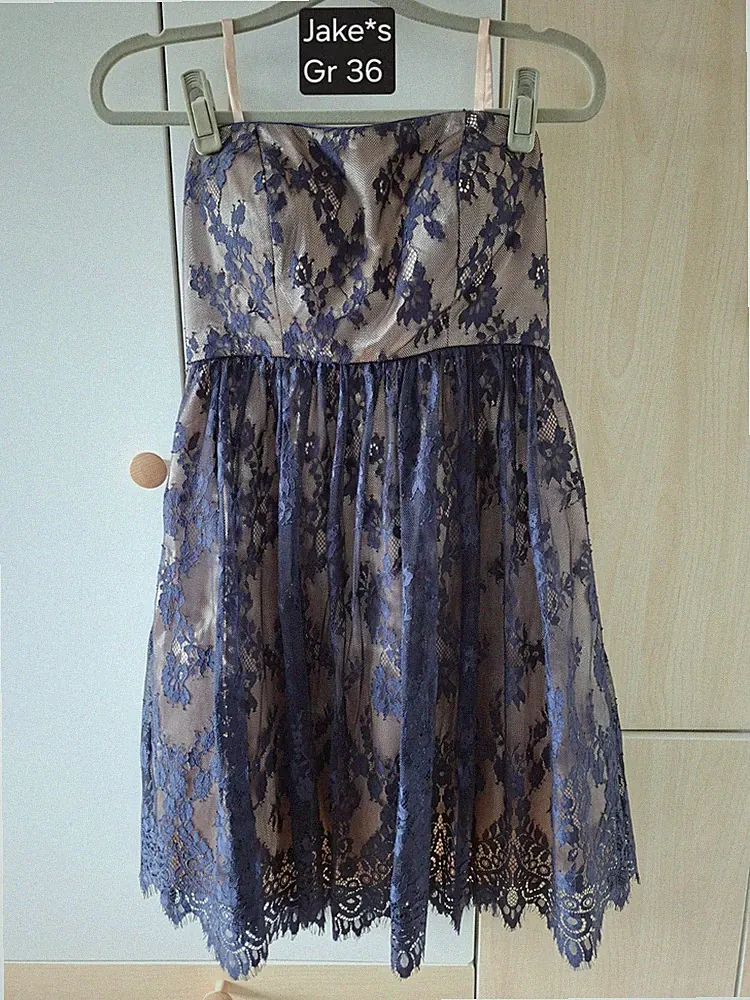 Trägerloses Kleid Spitze Blau Beige Abendkleid Abschlussball Hochzeitsgast Gr 36