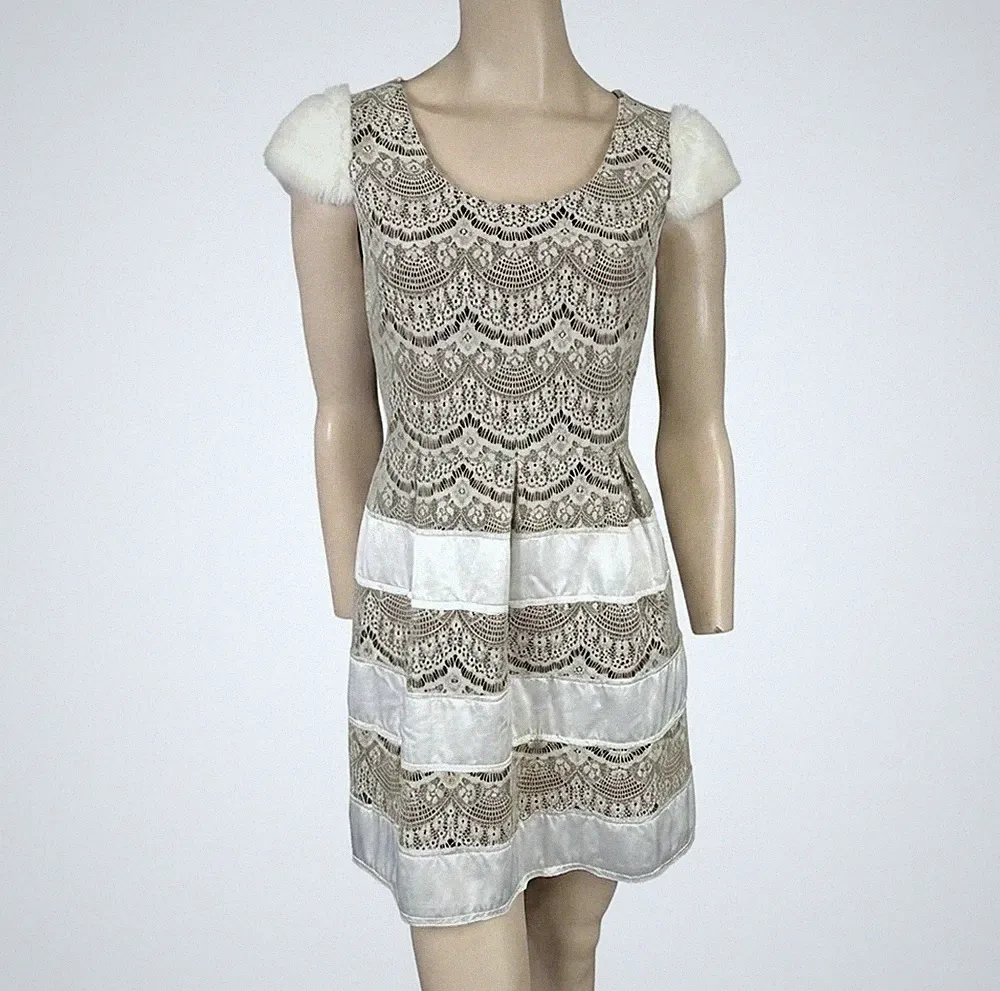 TRAFFIC PEOPLE KLEID 8 BEIGE SPITZE MINI PARTY A-LINIE KUNSTFELLÄRMEL COCKTAIL WED