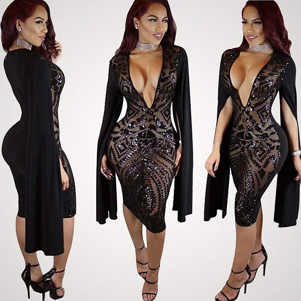 Transparentes Tailliertes Kleid Ballausschnitt Party Zeremonie Pailletten Bodycon Dress L