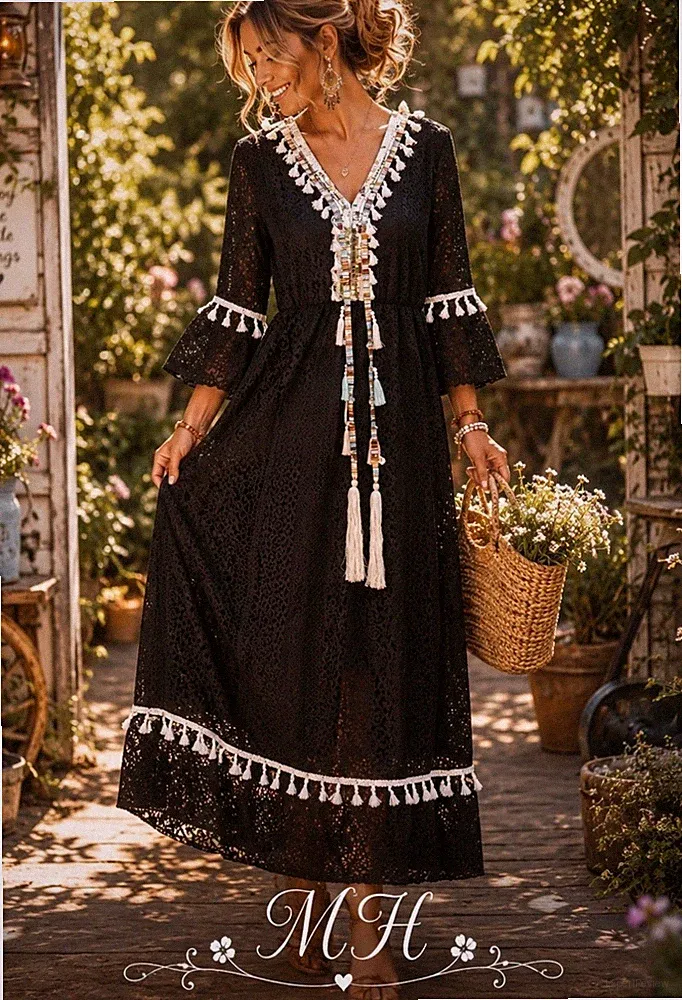 Traum Bohemian Maxikleid Spitze Gr One Size 38-42 Ibiza~Strand~Urlaub Neuwertig