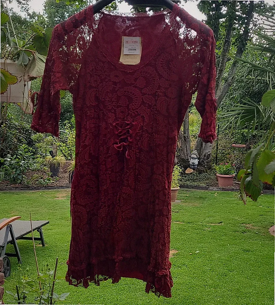 Tredy Damen Kleid Bordeauxrot Blumen Rüschen 3/4 Arm kurz Gr. 42