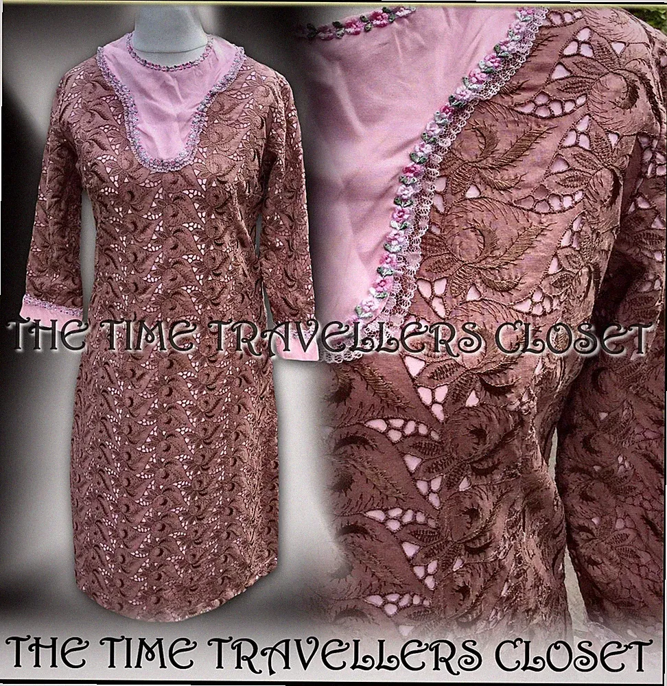 True Vintage 60s Brown Embroidery Anglaise Pink Shift Dress Floral Bib UK 10 12