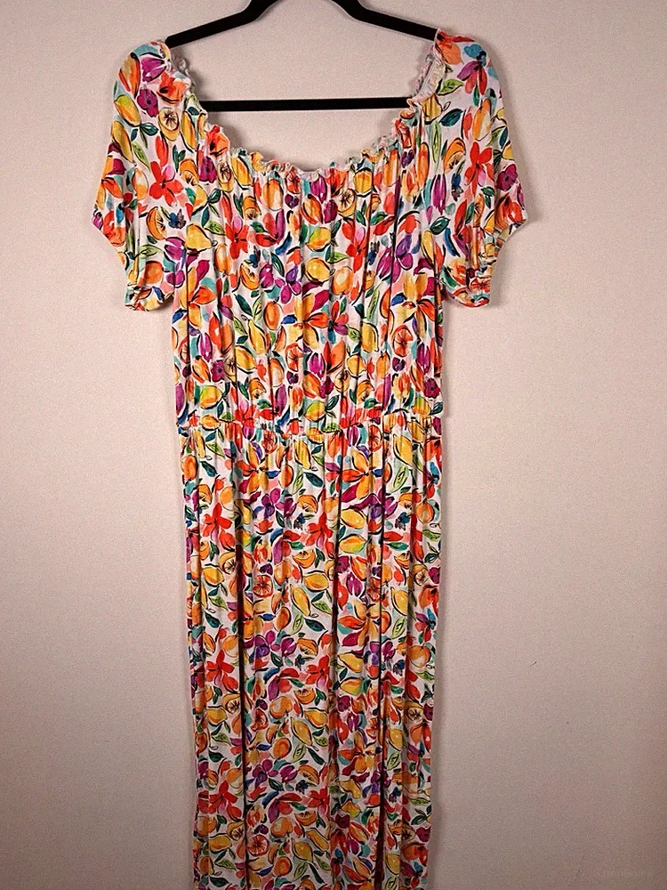 TU Größe 12 Midikleid Jersey dehnbar hell kräftig Sommer Urlaub Blumen Obst