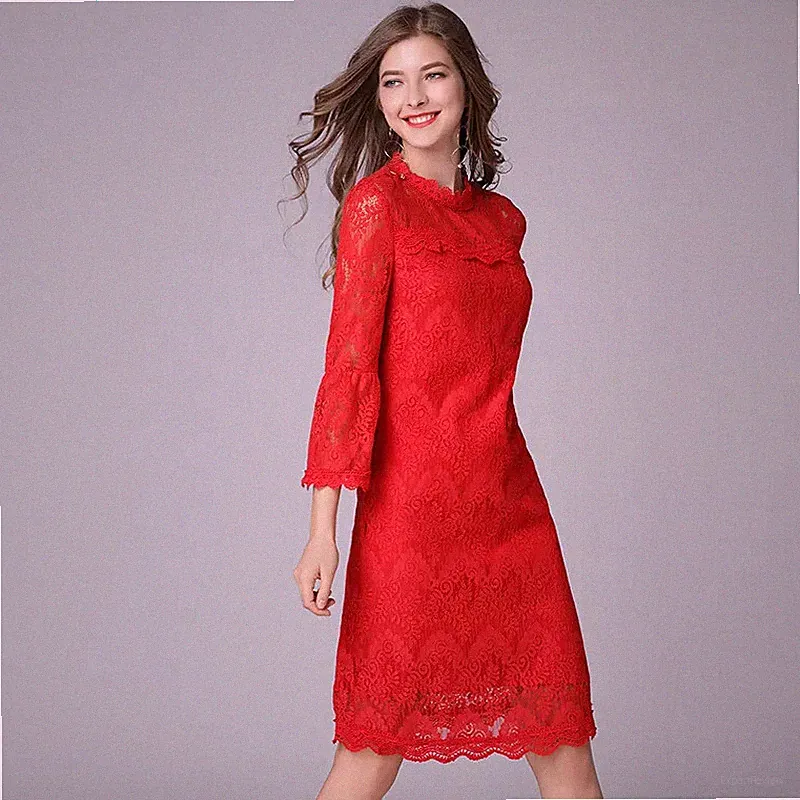 Tubino Kleid Elegantes Abito Langarm Rot Spitze Satin Knielang 34481