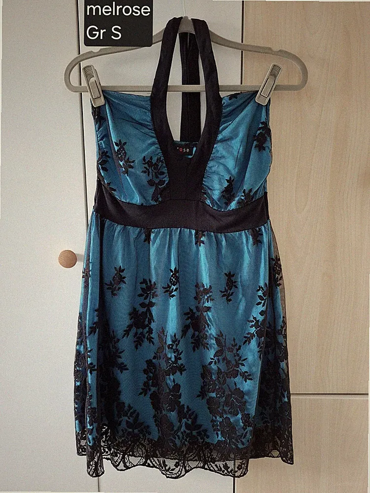 Türkises Neckholderkleid mit Schwarzer Spitze Hochzeitsgast, Gr S Melrose