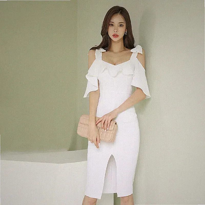 Tunika Kleid Damen Elegant Slim Knielang Weiß Hochzeit A146
