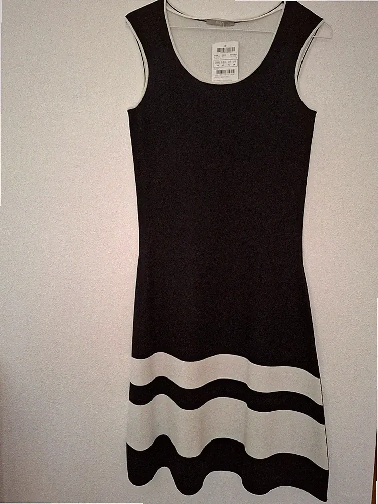 TUZZI Etuikleid Damen 38, Strick schwarz-weiß gestreift ärmellos Stretch, neu!