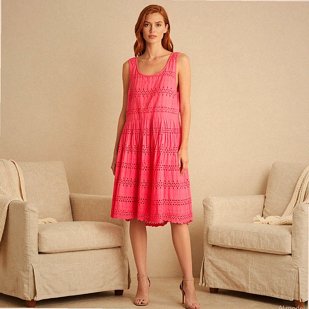 Übergröße Boho Romantik Midi Kleid Rosa Lochstickerei A-Linie M&S Gr. 46