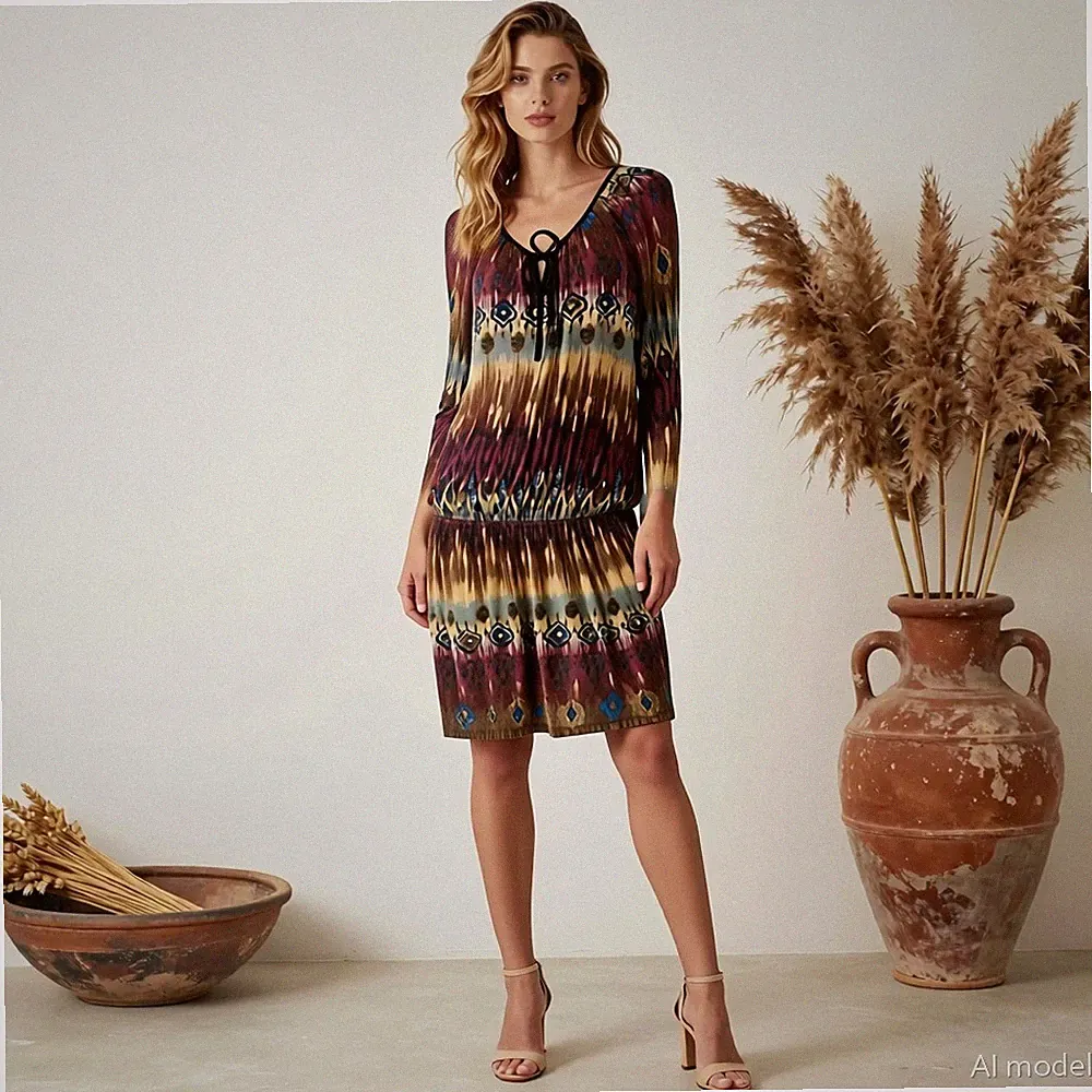 Übergröße Boho Western Midi Kleid Mehrfarbig Muster Jersey Hänger Langarm 44/46