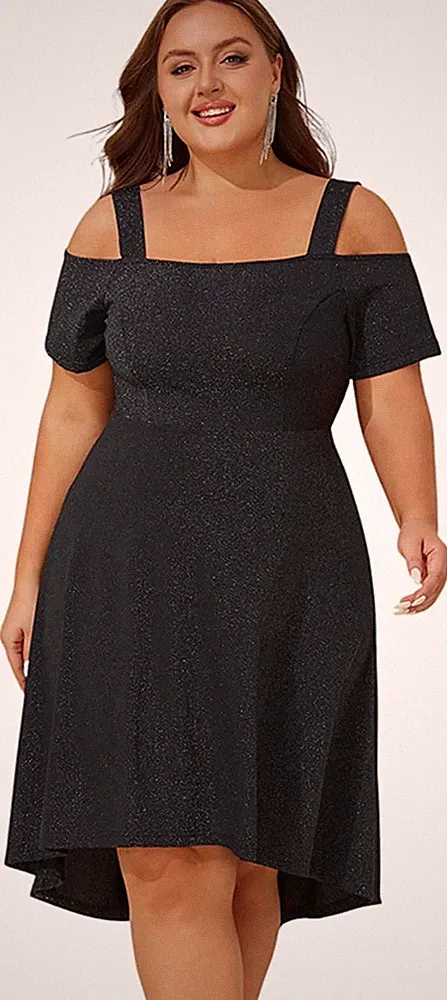 Übergröße Damen Abendkleid A-Linie Midi Schulterfrei Glitzer Cocktailkleid