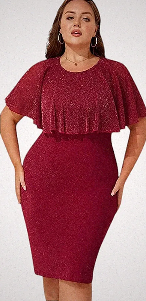 Übergröße Damen Abendkleid Glitzer Bodycon mit Cape-Ärmeln Netz Cocktailkleid