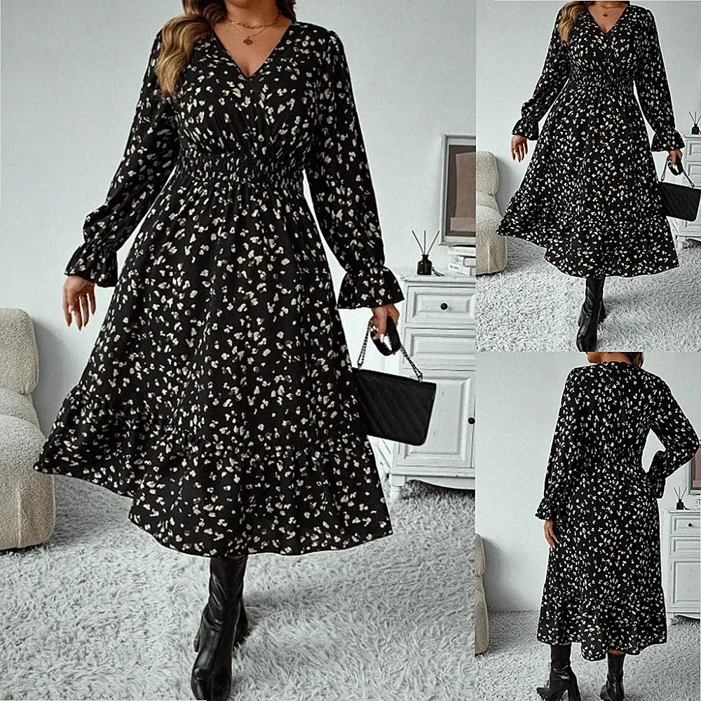 Übergröße Damen Blumen Langarm Midikleid Freizeitkleid A-Linie Urlaub Reisekleid