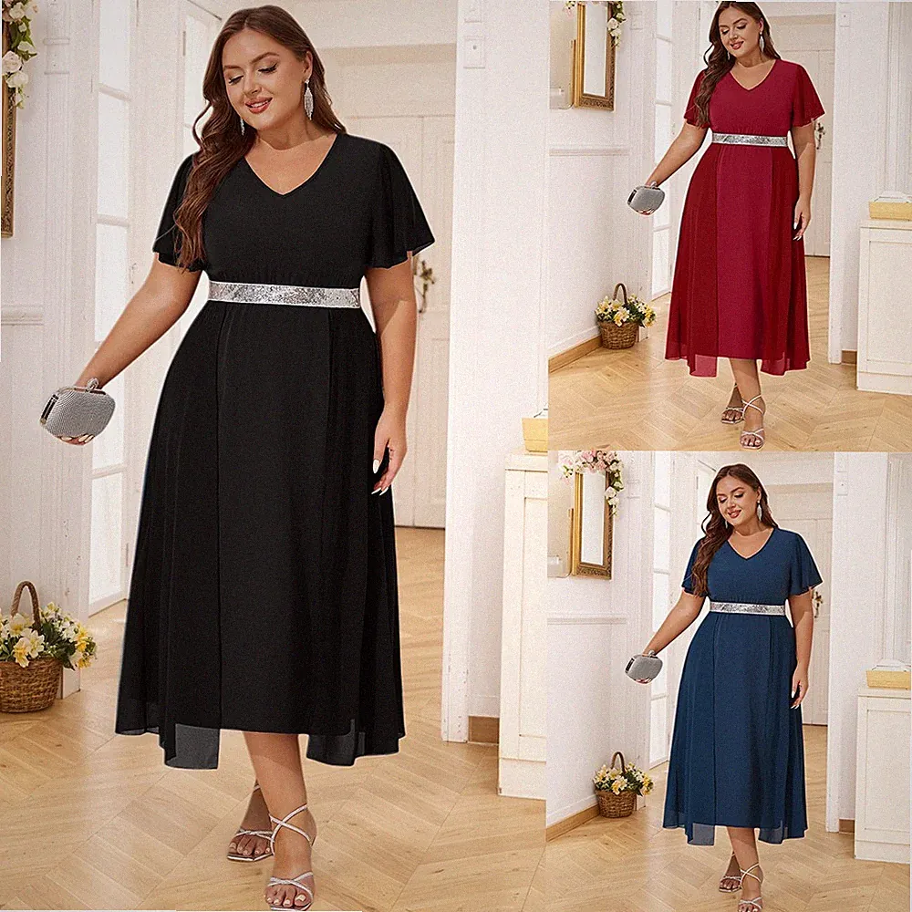 Übergröße Damen Elegant V-Neck Abendkleid Midikleid Pailletten A-Linie Ballkleid