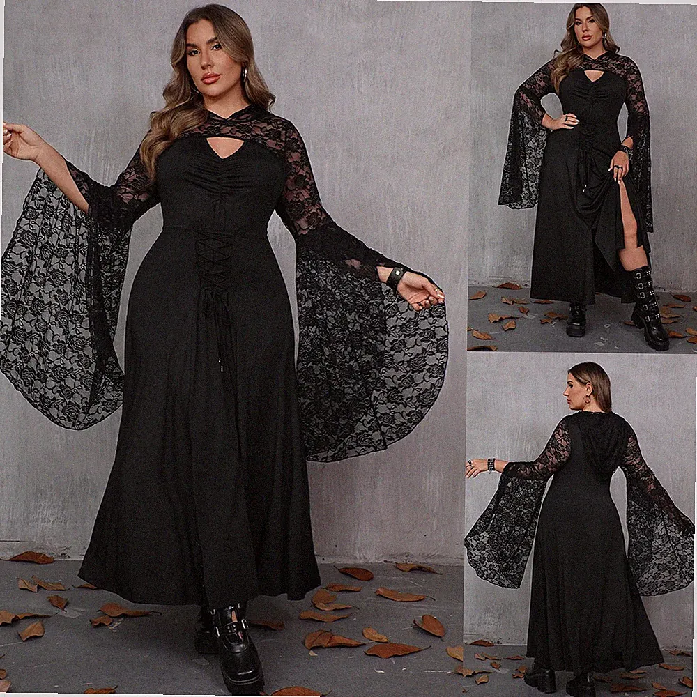Übergröße Damen Gothic Punk Spitze Partykleid Sexy A-Linie Maxikleid Swingkleid
