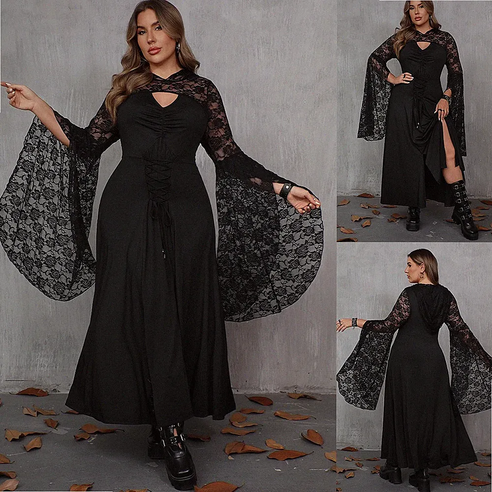 Übergröße Damen Gothic Punk Spitze Partykleid Sexy A-Linie Maxikleid Swingkleid