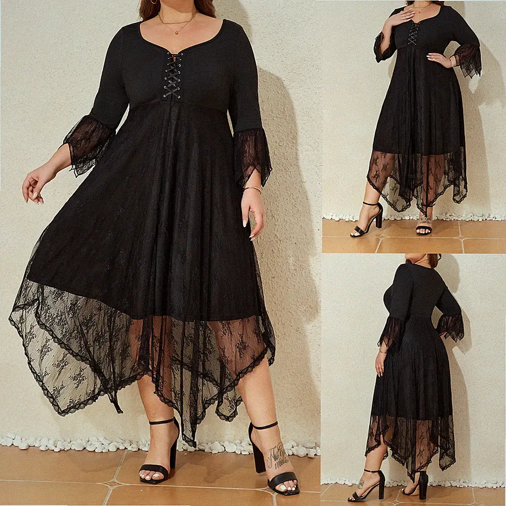 Übergröße Damen Gothic Spitze Partykleid Ballkleid 3/4 Ärmel Midi A-Linie-Kleid