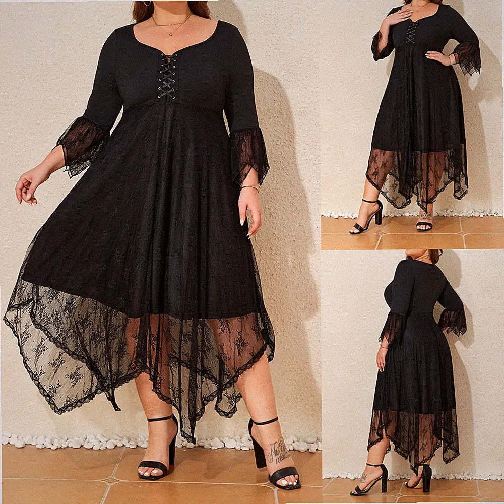 Übergröße Damen Gothic Spitze Partykleid Ballkleid 3/4 Ärmel Midikleid A-Linie