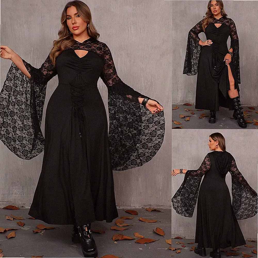 Übergröße Damen Gothic Spitzen Partykleid Halloween Karneval A-Linie Maxikleid