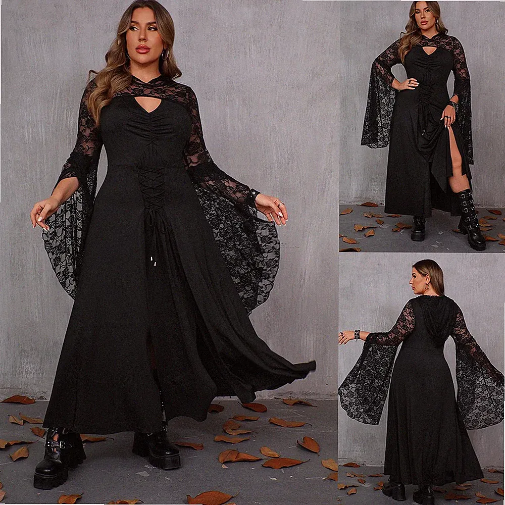 Übergröße Damen Halloween Partykleid - Gothic Spitze Langarm A-Linie Maxikleid
