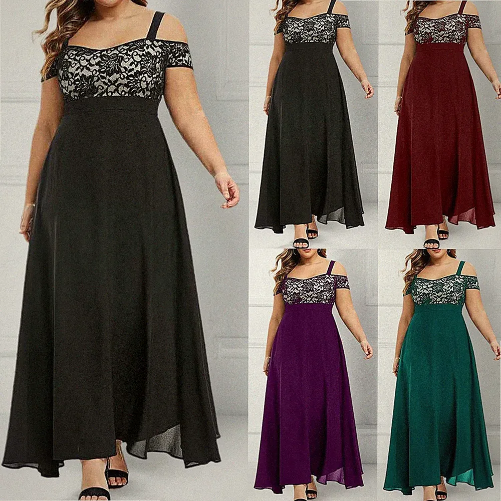 Übergröße Damen Schulterfrei Abendkleid Maxikleid Spitze A-Linie Cocktailkleid