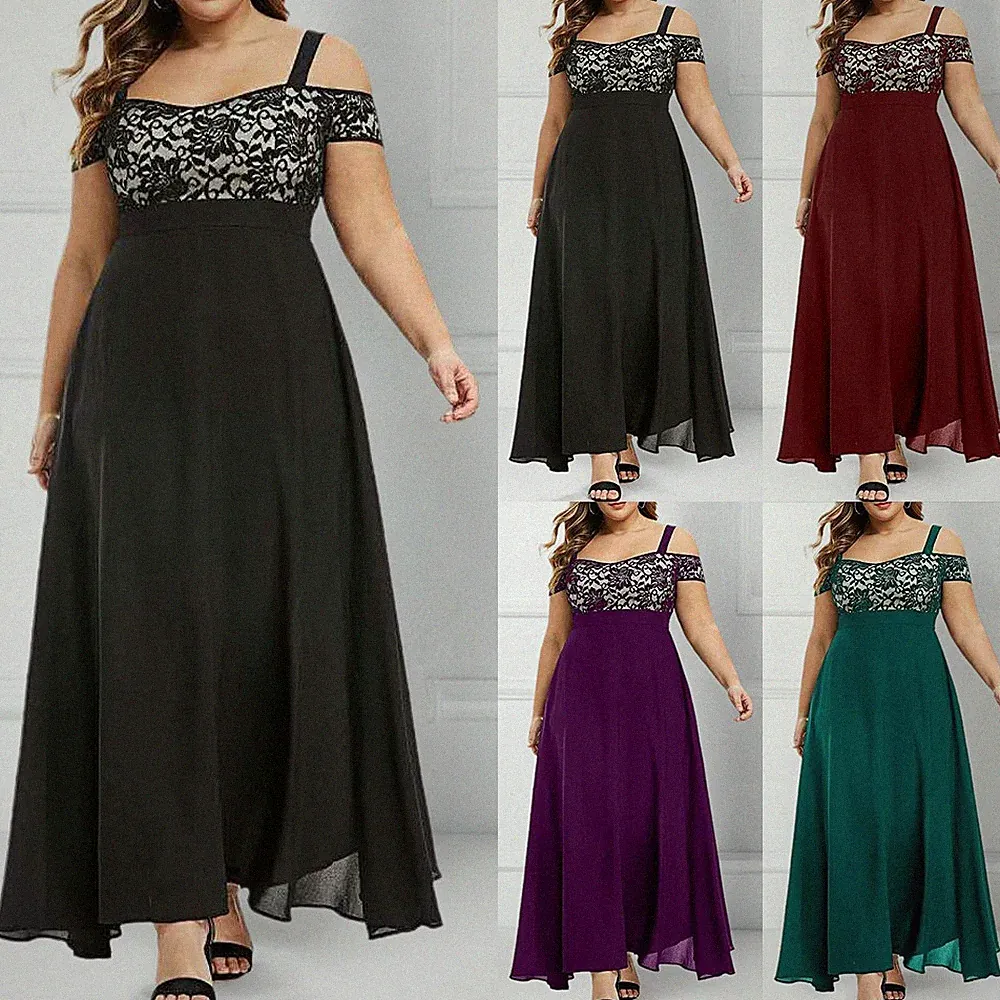 Übergröße Damen Schulterfrei Abendkleid Maxikleid Spitze A-Linie Cocktailkleid