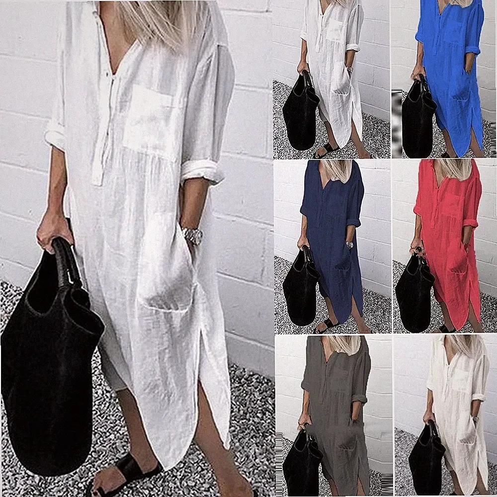 Übergröße Damen Sommer Leinenkleid Strand Hemdkleid Maxi Kaftan Tunikakleid MLXL