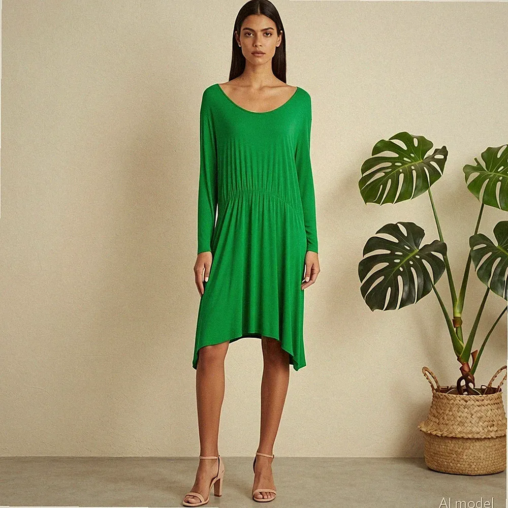 Übergröße Elegant Knielang Kleid Grün Jersey Hänger Tiefer Rundhals 3/4 Arm XXL