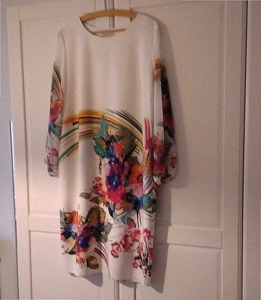 UGO ZALDI Damen Etuikleid Gr. XL weiß/mehrfarbig Blumen knie langarm rund