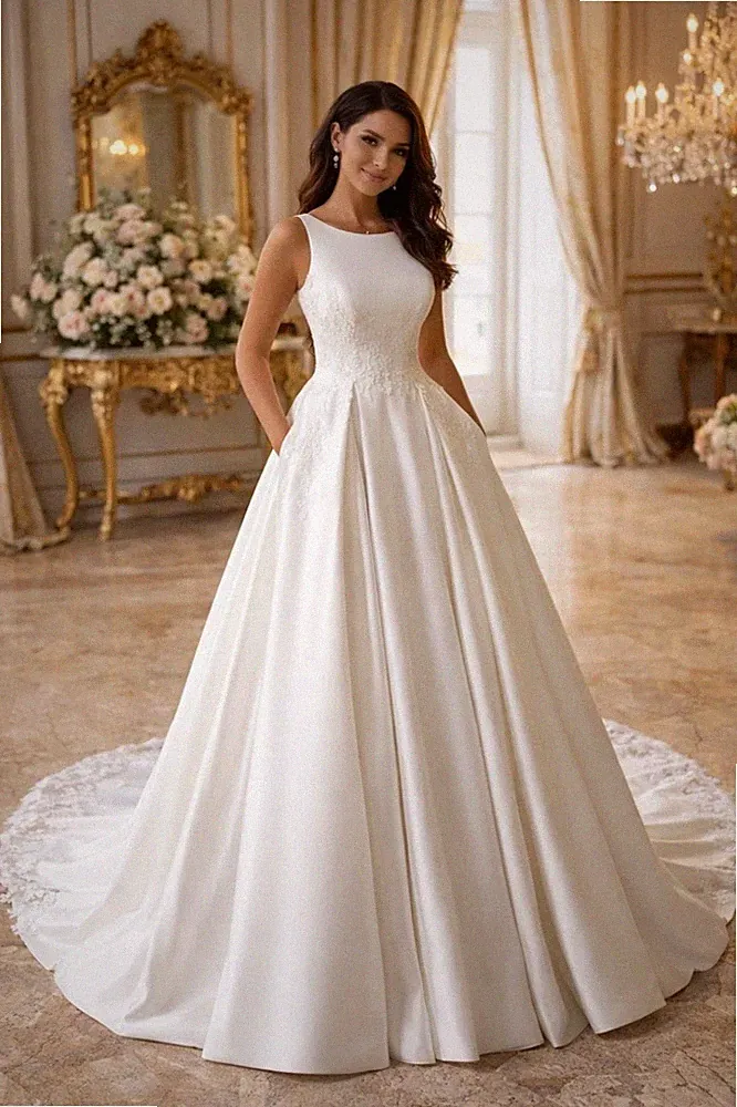 UK ärmelloses Satin Brautkleid A-Linie Pailletten Spitze elfenbein Brautkleid Größe 10