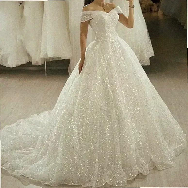 UK Glitzer Tüll Schulterfrei Brautkleid A Linie Übergröße Brautkleid Gr. 20