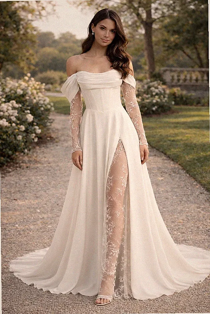 UK Off Shoulder Split Brautkleider A Linie Langarm Satin Spitze Brautkleid