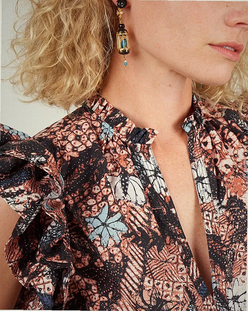 ULLA JOHNSON Honoria Kleid braun Rüschen Batik Popeline Baumwolle Größe US 6...