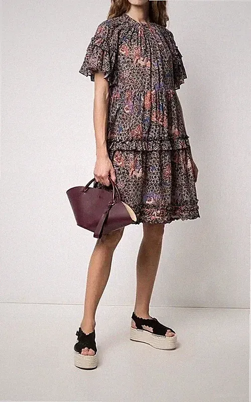 Ulla Johnson Minikleid Rüschen Blumen Delia Braun Sunburst Baumwolle Größe US...
