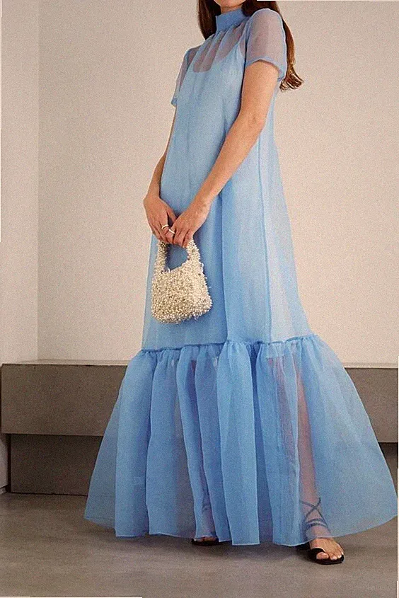 Umwerfend Himmelblau Organza Maxi Kleid für Damen Mit Gefüttert Taft Abendkleid