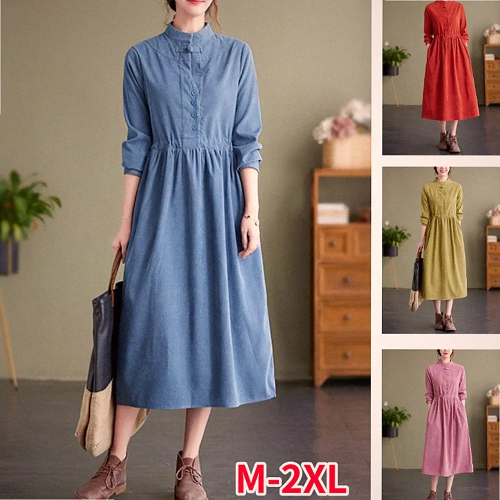 Unbrand Ethnisches Cordkleid Retro Midi Frog Knöpfe Langarm A-Linie