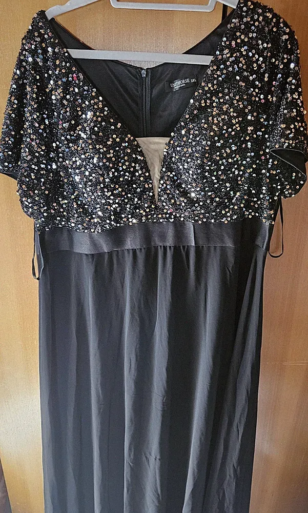 UNITHORSE Damen Abendkleid 3XL Schwarz Pailletten Lang V-Ausschnitt Kurzarm