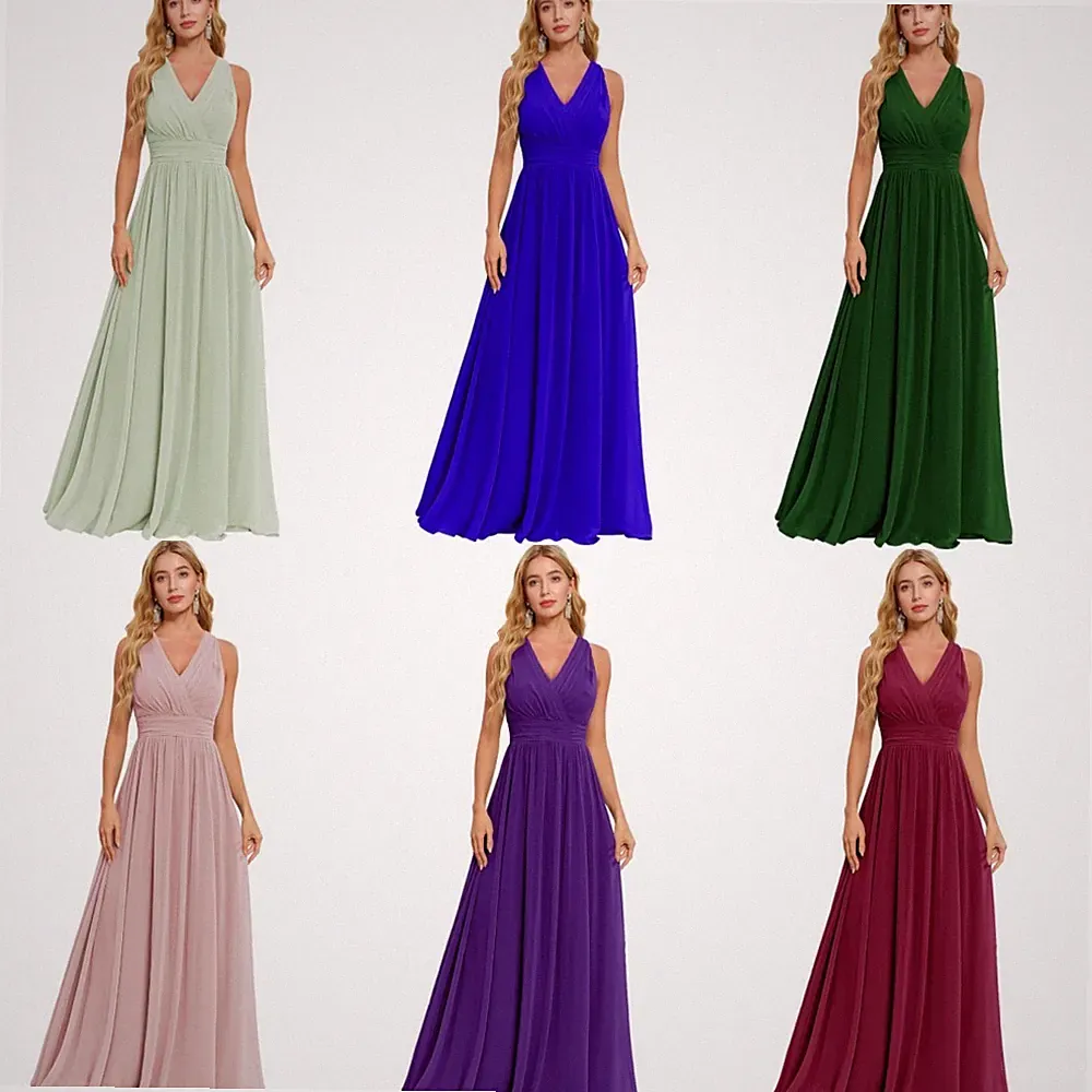 V-Ausschnitt Brautjungfernkleid A-Linie Lang Abendkleid Hochzeitsgast Kleid