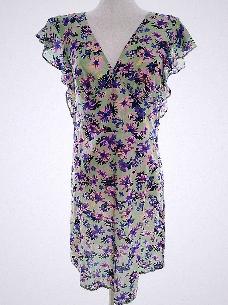 V BY VERY Damen A-Linien-Kleid Gr. 36 Grün Baumwolle 100% Kurzer Ärmel Rüsche