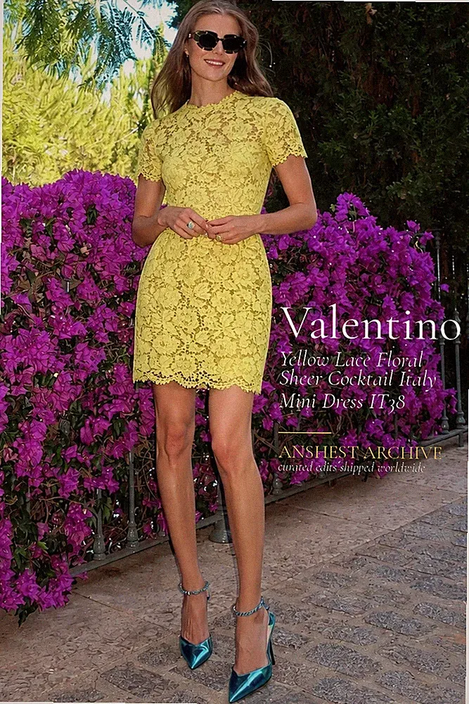Valentino Cocktail-Minikleid gelb Spitze Blumen transparent Italy IT38