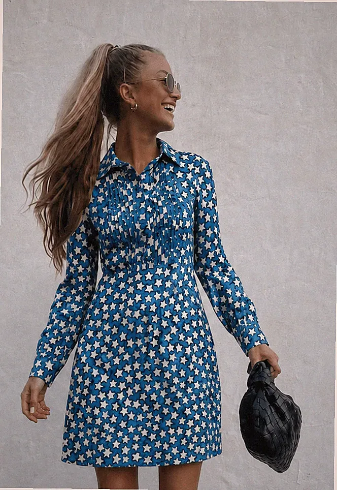 Valentino Cocktailkleid Sternenmuster Plissee Kragen Blau A-Linie IT38