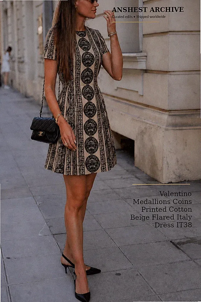 Valentino Medallions Coins Printed Cotton Beige Flared Italy Dress IT38