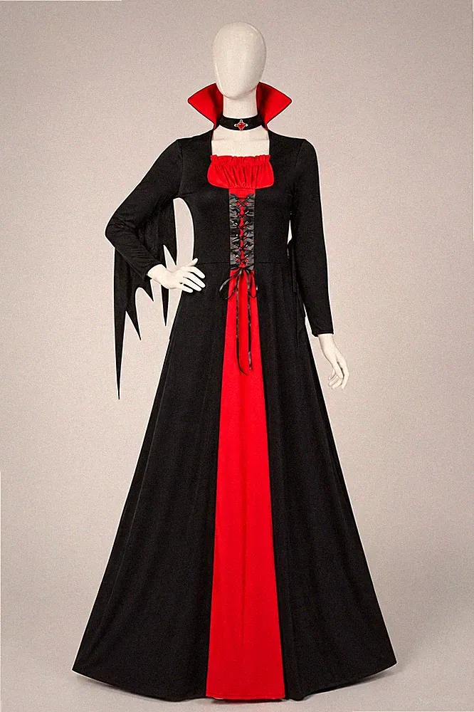 Vampirkostüm Damen lang Schwarz Rot Gothic Kleid Halloween Gr. 4XL Neu Top