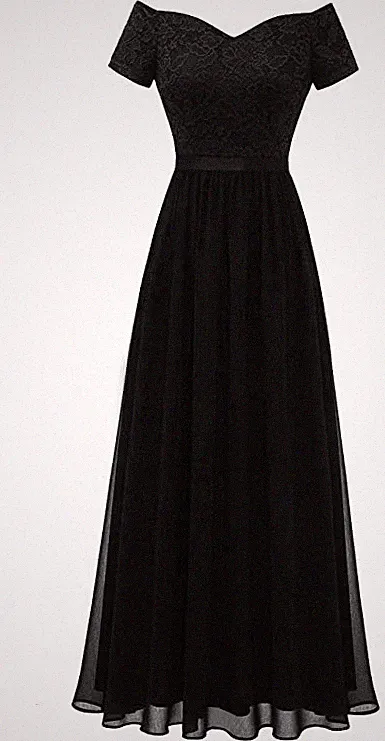 Vanansa Brautjungfer Blumenmuster Spitze Satin Kleid schulterfrei Gast Hochzeit - schwarz