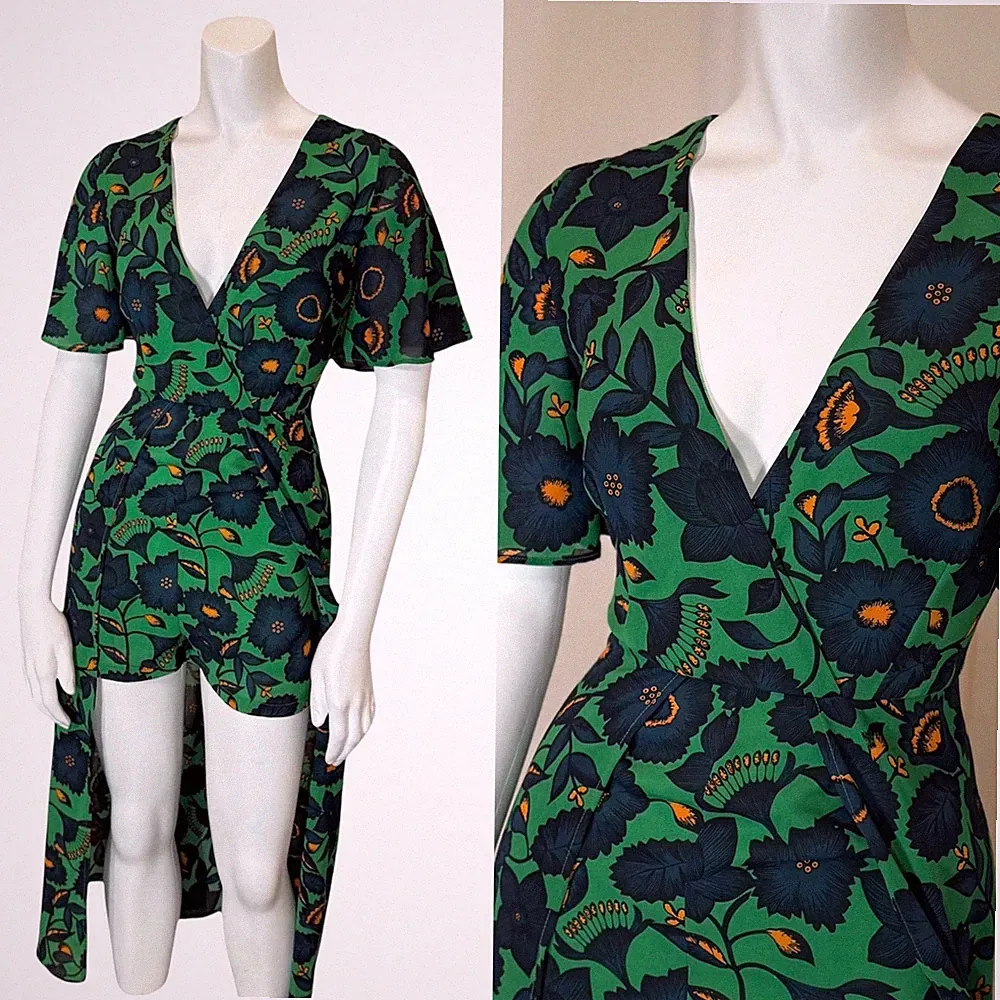 VERA & LUCY ROMPER w SKIRT M Floral Wedding Guest Jumpsuit Retro Party Dress