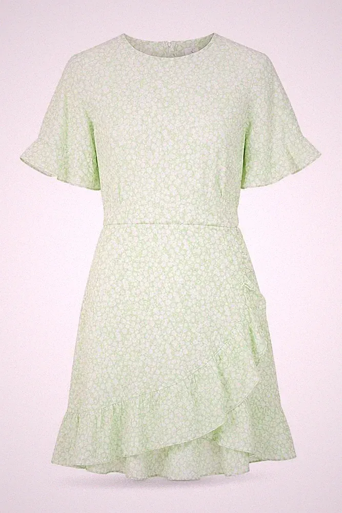 Vero Moda Damen A-Linien Kleid Größe S Grün Blumen Kurz Rundhals Kurzarm