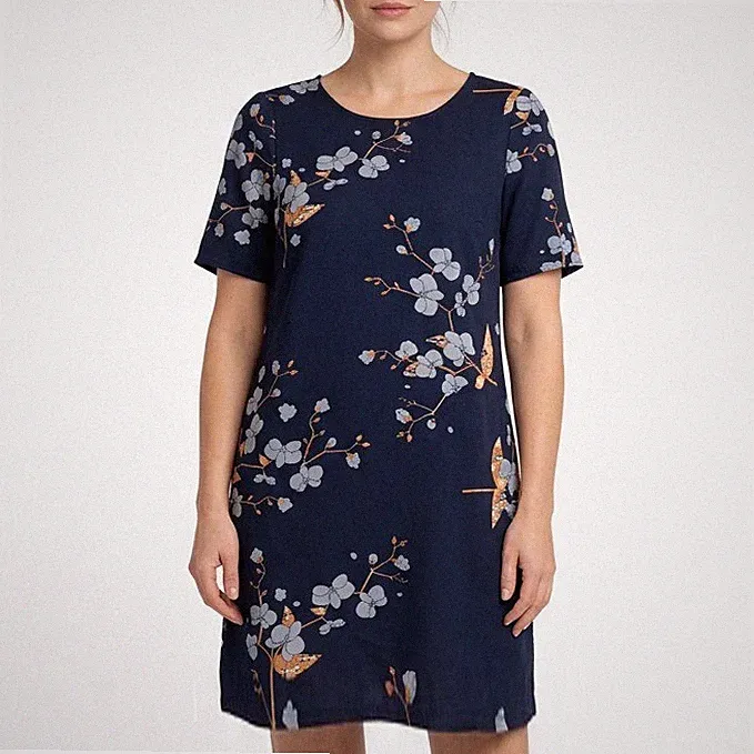 Vero Moda dunkelblaues Etuikleid mit Blumenmuster und Schlüsselloch hinten, K...