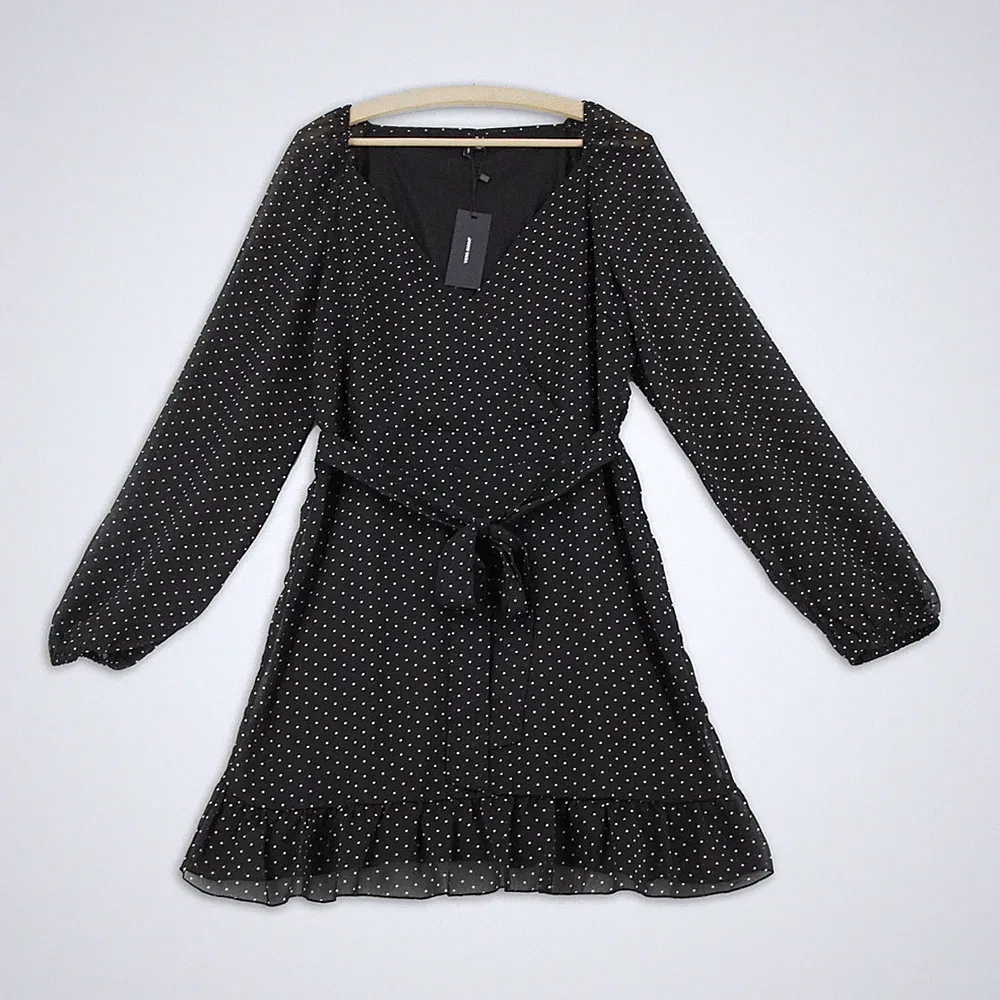 Vero Moda Kleid Damen Gr. L VM FIE LS Mini Dress Schwarz Punkte A-Linie Freizeit